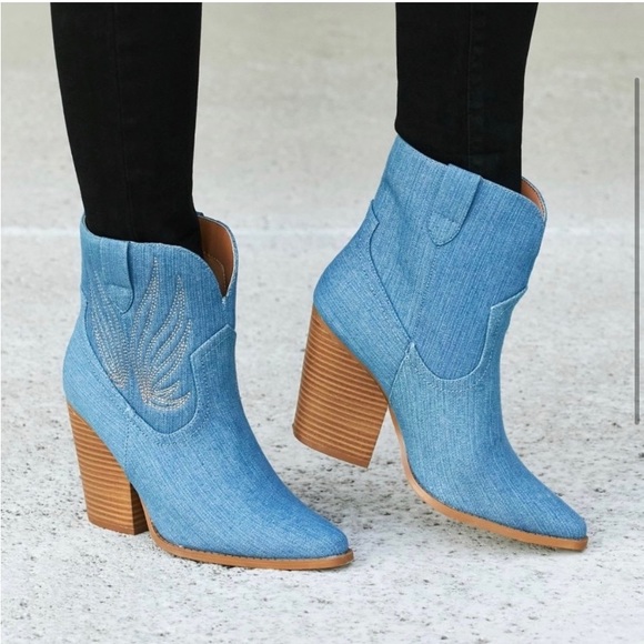 Sky Blue Western Heeled Ankle Boots Denim - Picture 4 of 4